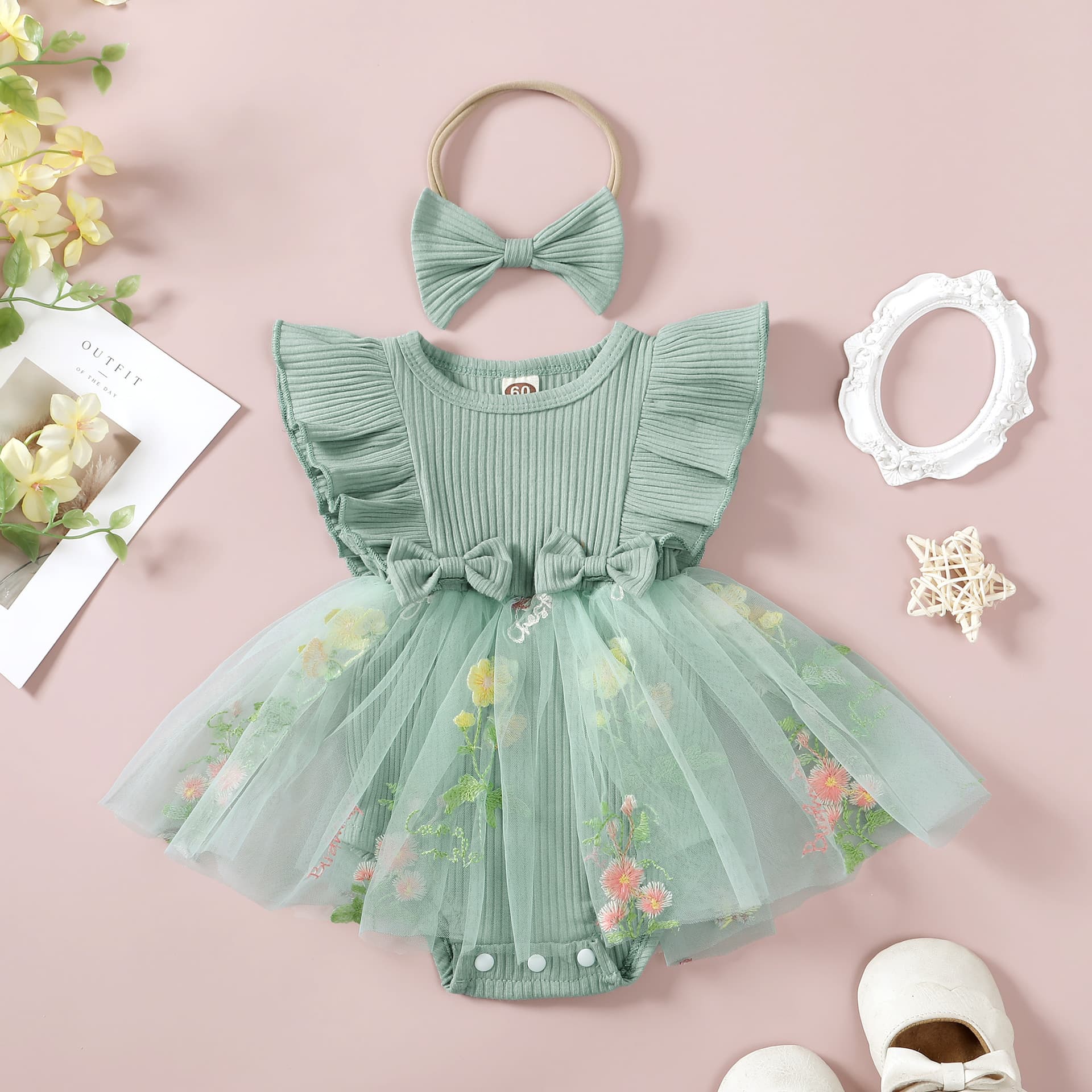 Pink Girl Princess Dress with Flower Embroider Pattern Mesh Skirt Toddler Princess Dress with Headdress Set
