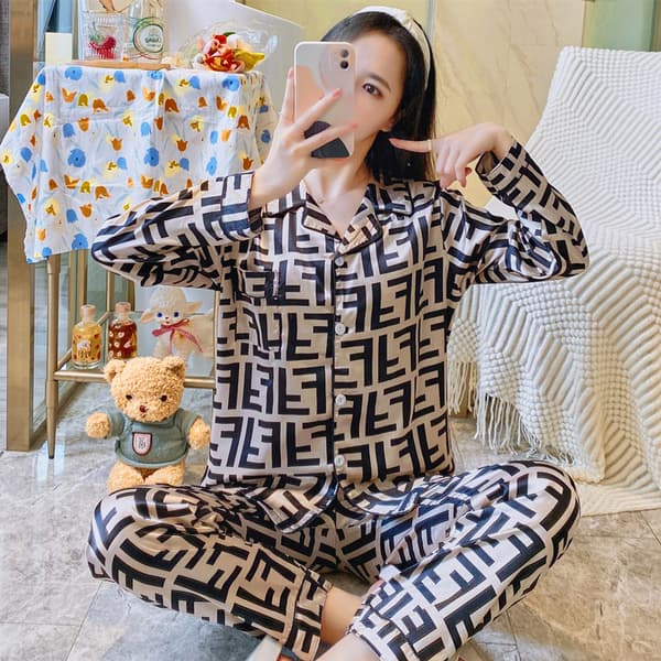Foreign Trade Pajamas Silk-like Long Sleeve Sleepwear for Women Viral Ice Silk Loungewear