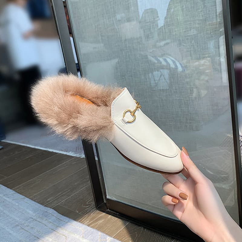 Women's Fuzzy Slippers 2024 New Autumn Winter French Rabbit Fur Flat Slip-On Lazy Mule Closed-Toe Half Slippers