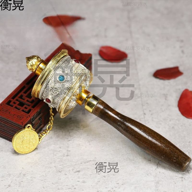 Hand-cranked prayer wheel base, Tibetan Buddhist temple inscription, mantra, copper prayer wheel handle, hand socket, Buddhist implement base