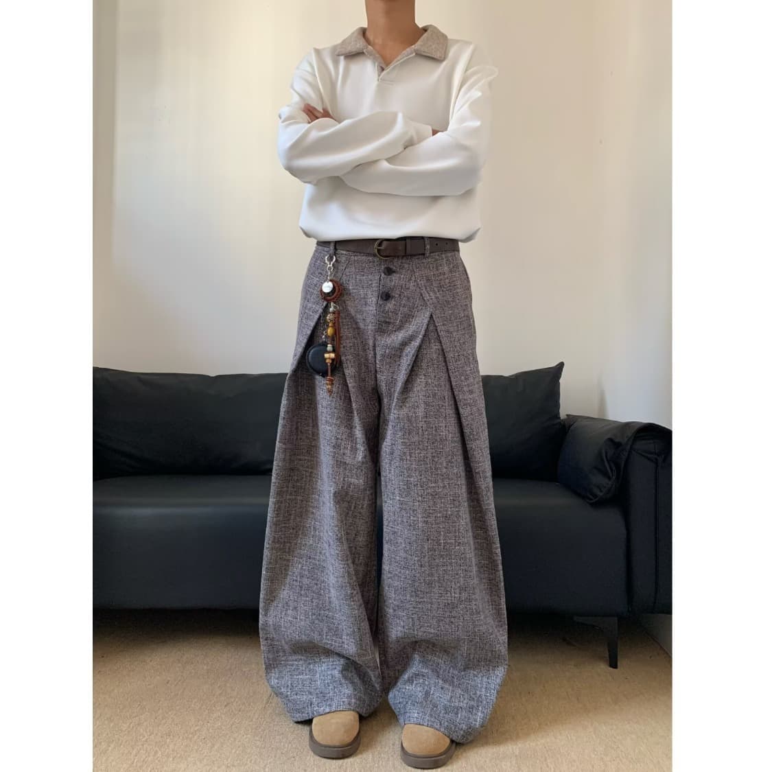 Old Money Style Button-Fly Pleated Wide-Leg Trousers 2025 Autumn Loose Drape Relaxed Floor-Length Straight Pants