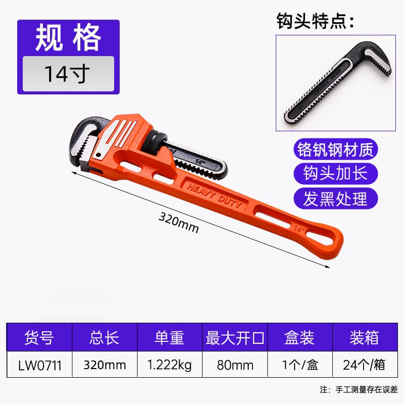 Luwei Tools Quick Pipe Wrench 12-Inch Heavy-Duty Pipe Wrench Multi-Functional 14/18-Inch Water Pipe Wrench Manufacturer