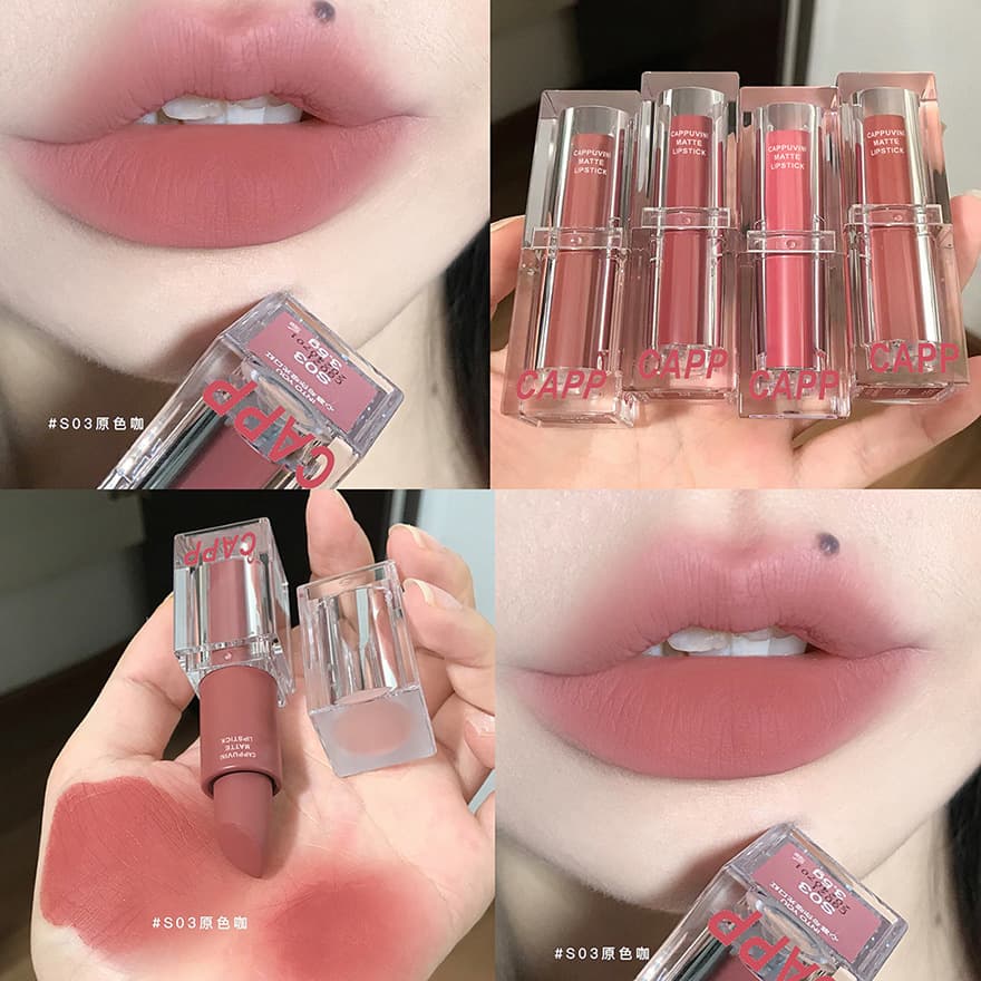 Transparent Acrylic Matte Lipstick Foggy Romantic Cinnamon Peach Oolong Shade Whitening Effect For Students