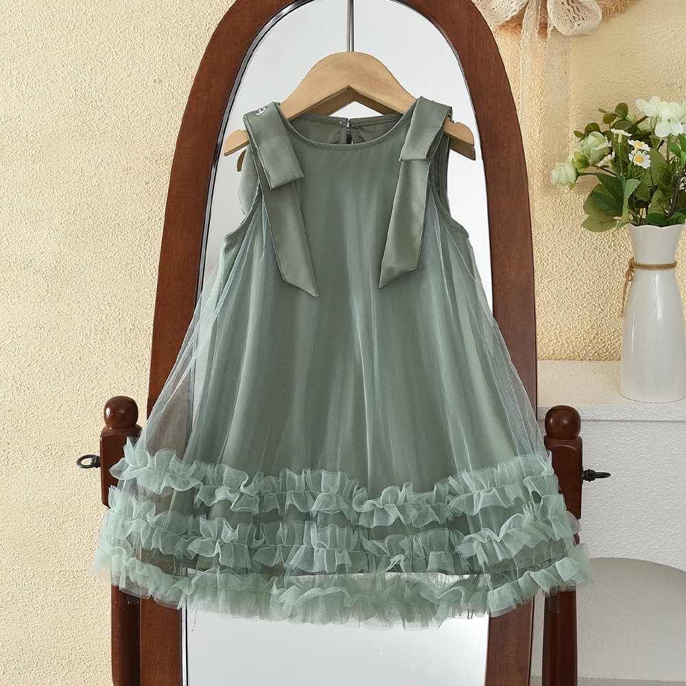 Cross-Border Kids Clothing Girls Bow Strappy Mesh Princess Dress Girls Party Dress Summer New