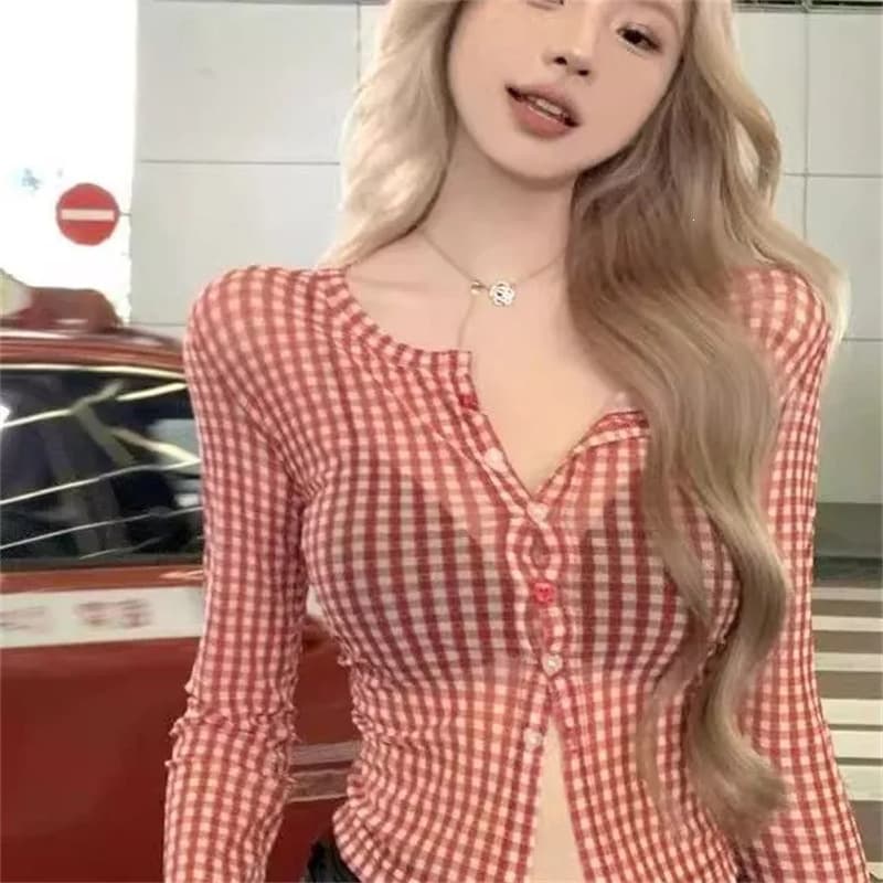 American Retro Long Sleeve Red Plaid Mesh Shirt for Women
