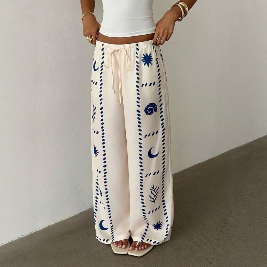 European and American Style Printed Wide-Leg Pants for Women, Summer High-Waist Elastic Waist Loose Casual Long Pants, Cross-Border Stock