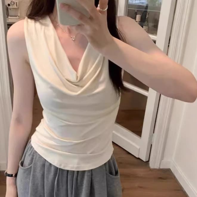 Ins Pure and Sexy Sleeveless Draped Neck Vest T-Shirt for Women Summer New Trendy Sweet and Spicy Top Wholesale