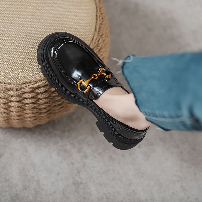 Platform Chunky Heel Leather Shoes for Women, 2024 New Style Versatile Horsebit Buckle Black British Style Slip-On Loafers