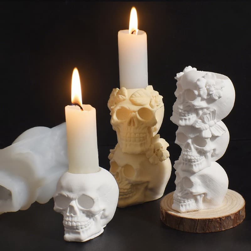 Halloween Skull Candle Holder Mold, Plaster 3-Layer Skull Candle Base Figurine Halloween Silicone Mold