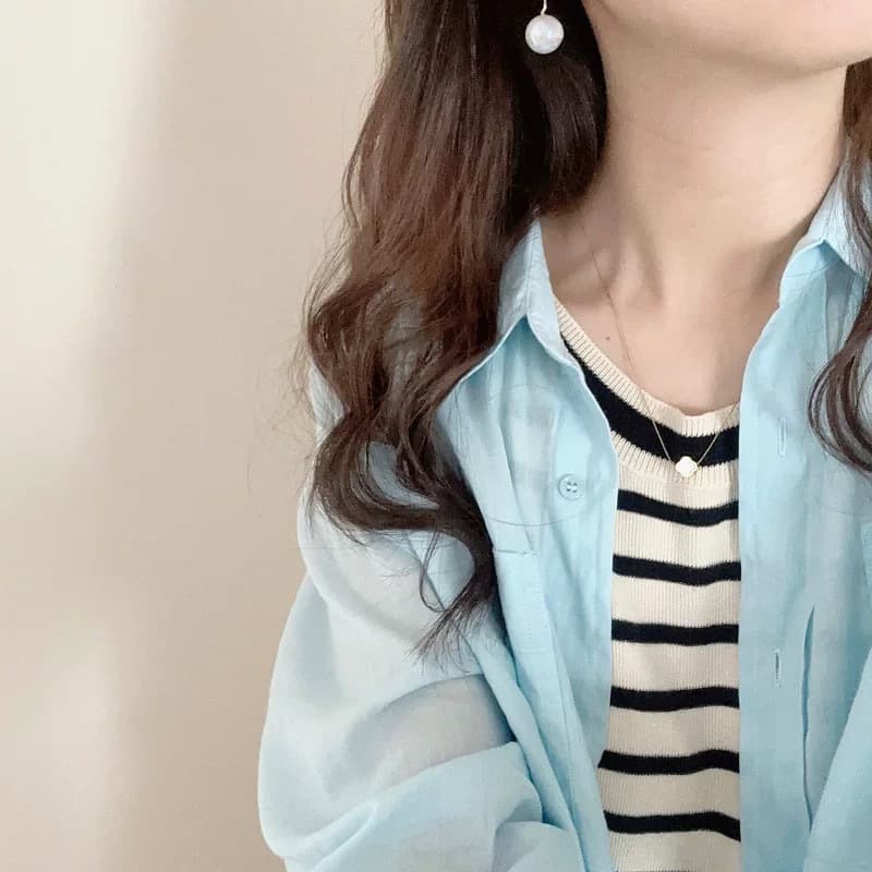 Bright White Imported Custom-Dyed Mint Baby Blue ~ Spring/Summer New Ramie Cotton Loose Button-Up Sun Protection Shirt