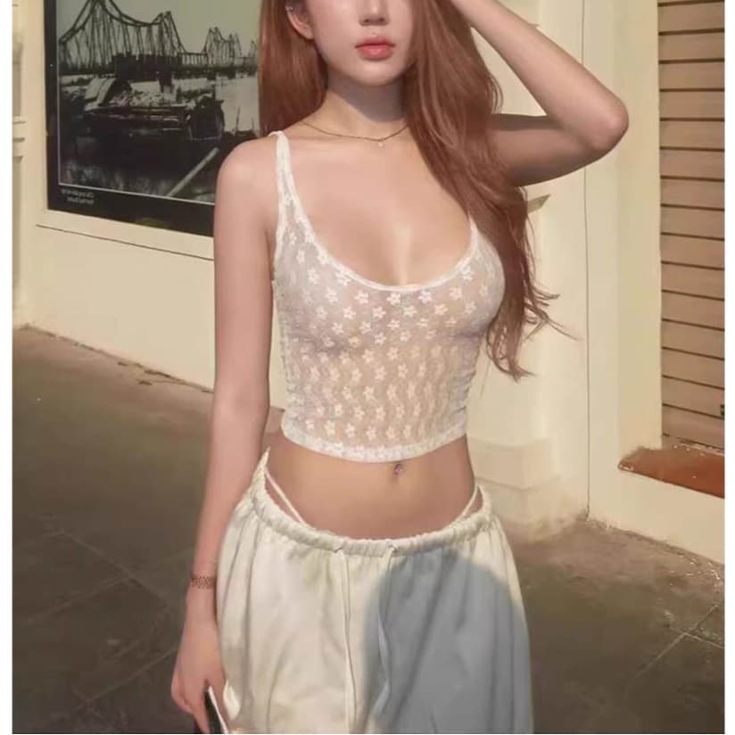 Cross-border Wholesale Lace Print Camisole Tank Top for Women Summer Sexy Crop Top Slim Fit Tops
