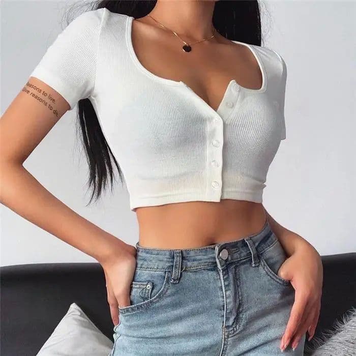 Slim Fit Cropped Short Sleeve Top with Square Neck and Buttons for Women