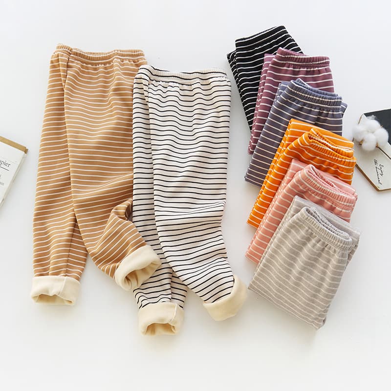 2023 Children's Warm Pants for Autumn/Winter, Unisex Kids' Baby Fleece-Lined Thickened Thermals, Small and Middle Children Striped Base Layer Sleep Pants