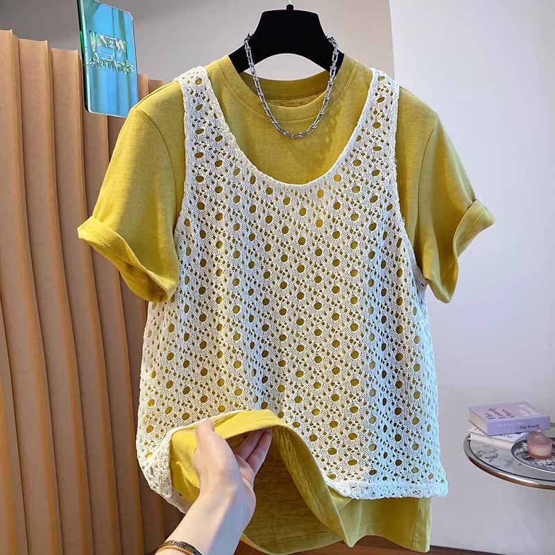 Korean Hollow Vest T-Shirt Women's Short Sleeve Two-Piece Set Fashion Plus Size Loose Layered Top Summer Set