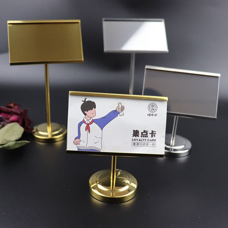 Hotel restaurant solid stainless steel menu stand, vertical buffet menu table card clip, table number sign