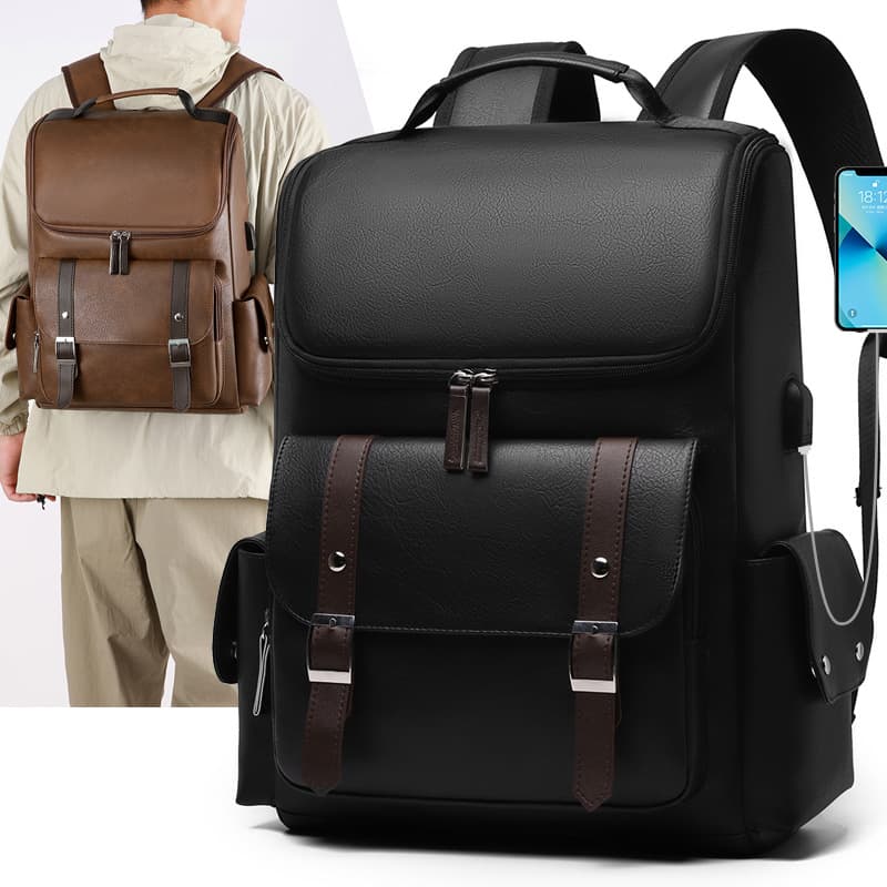 Cross-border Amazon British Retro Soft PU Leather Backpack with USB Charging, Large Capacity Travel Belt Buckle Backpack