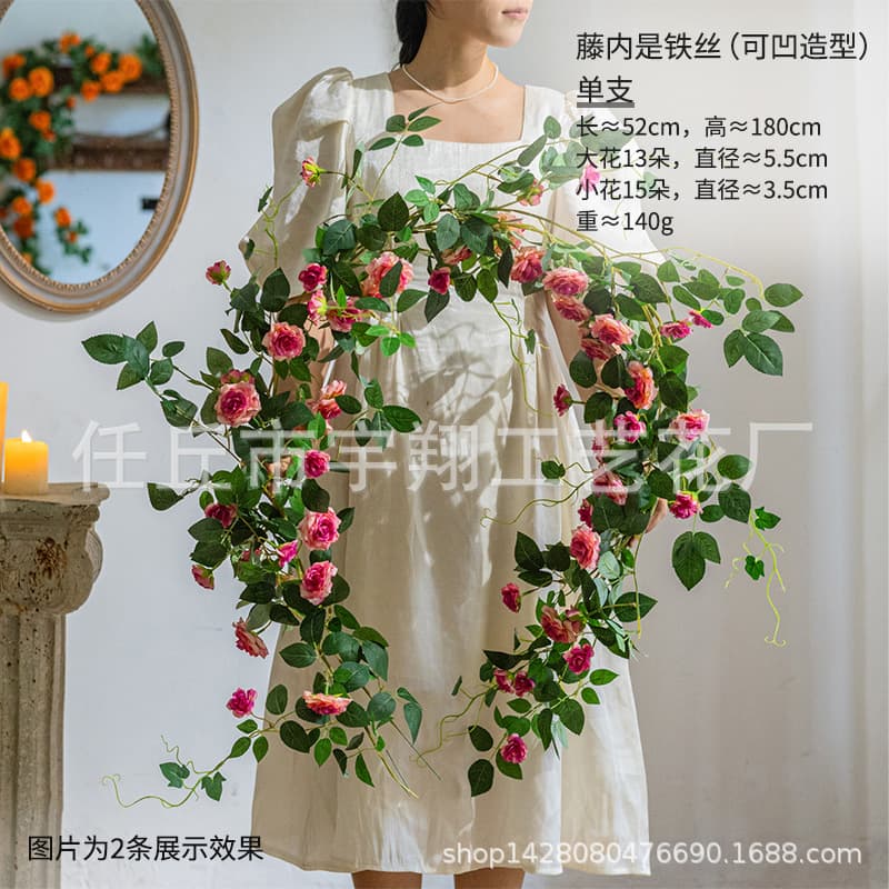 New Artificial Rose Flower Vine Stems Plastic Fake Flower Vines Plants Air Conditioner Pipe Decorative Flower Cover Decoration