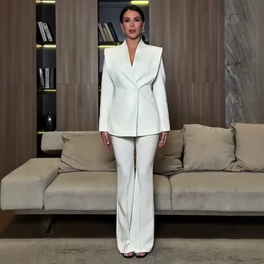 Amazon Cross-Border Spring/Fall Women's Deep V-Neck Long-Sleeve Waist-Nipping Blazer with Flared Pants Set