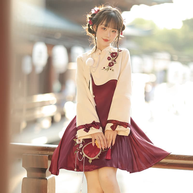 Original design of the Camellia Romance Hanfu Women's Chinese Style Han Element Modified Top and Dress Set 8827