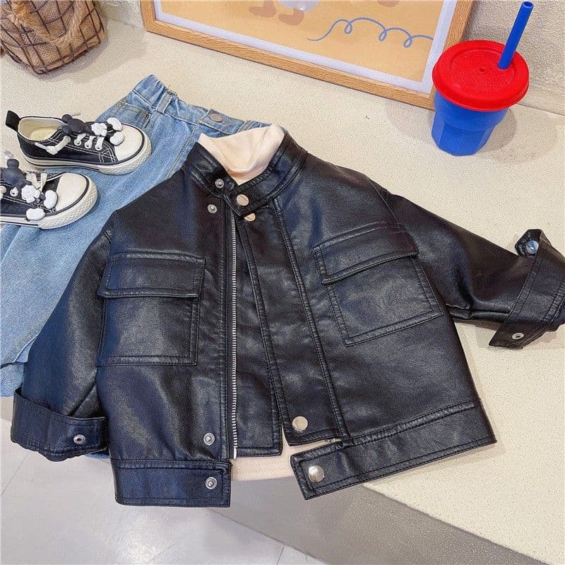 Boys and girls loose and fashionable motorcycle leather jacket 2026 autumn and winter thickened and velvet baby leather jacket trendy