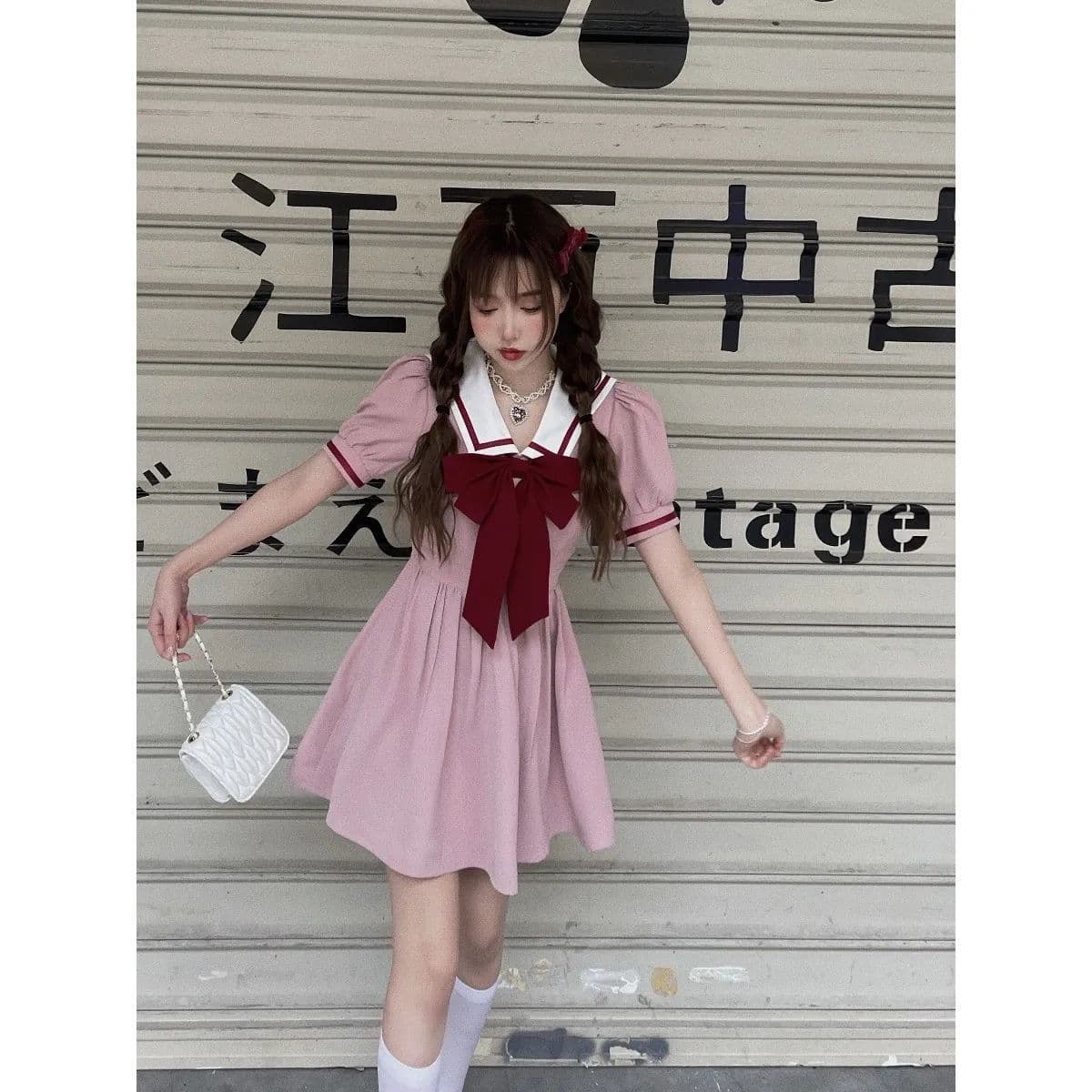 Puff Sleeve Sweet Girl Waist Slimming Pink Sailor Collar Dress Big Bow High Waist A-line Skirt