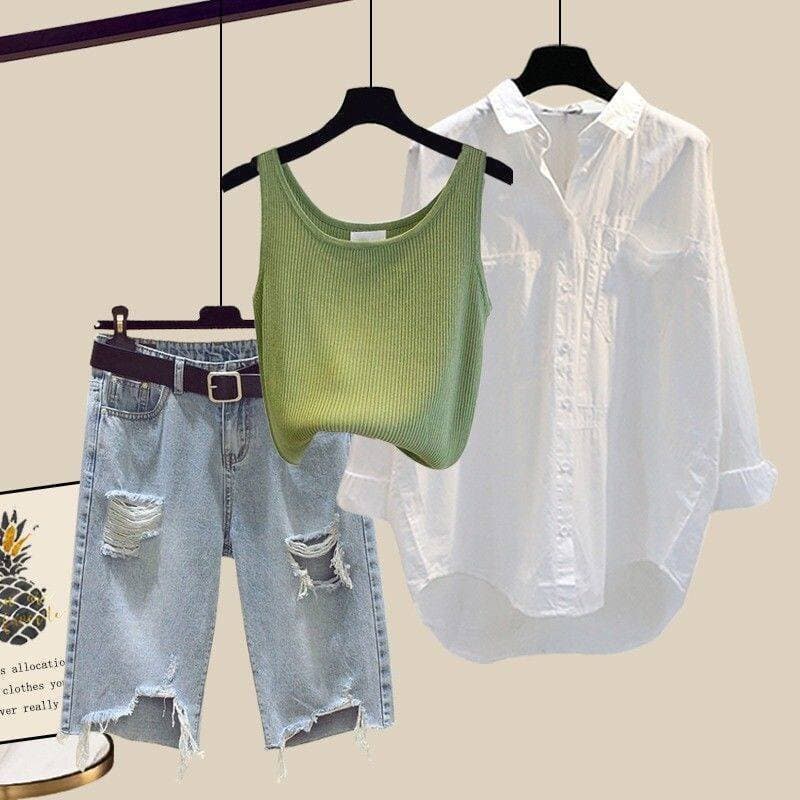 Spring Suit 2025 New Plus Size Women's Loose Shirt Vest Ripped Denim Shorts Three-Piece Trendy Set