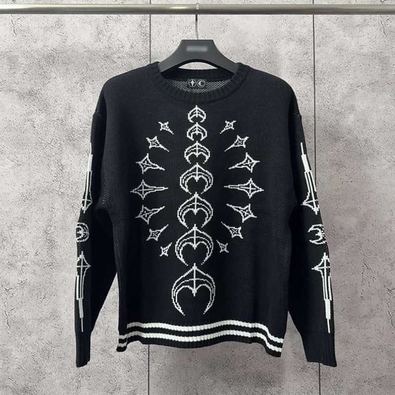 Thug Club 25FW Thug Club Star Moon Contrast Color Patchwork Knitted Long Sleeve Sweater Unisex Streetwear Brand