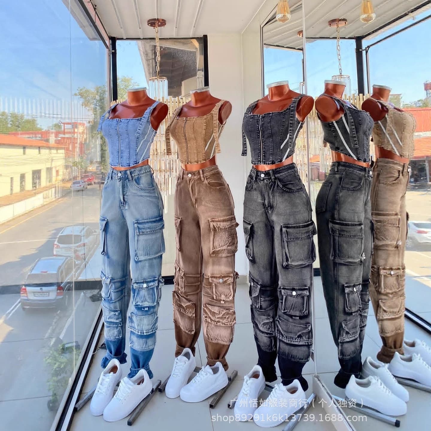 Wholesale Cargo Jeans with Multiple Pockets Women's Denim Jeans Foreign Trade End-of-Line