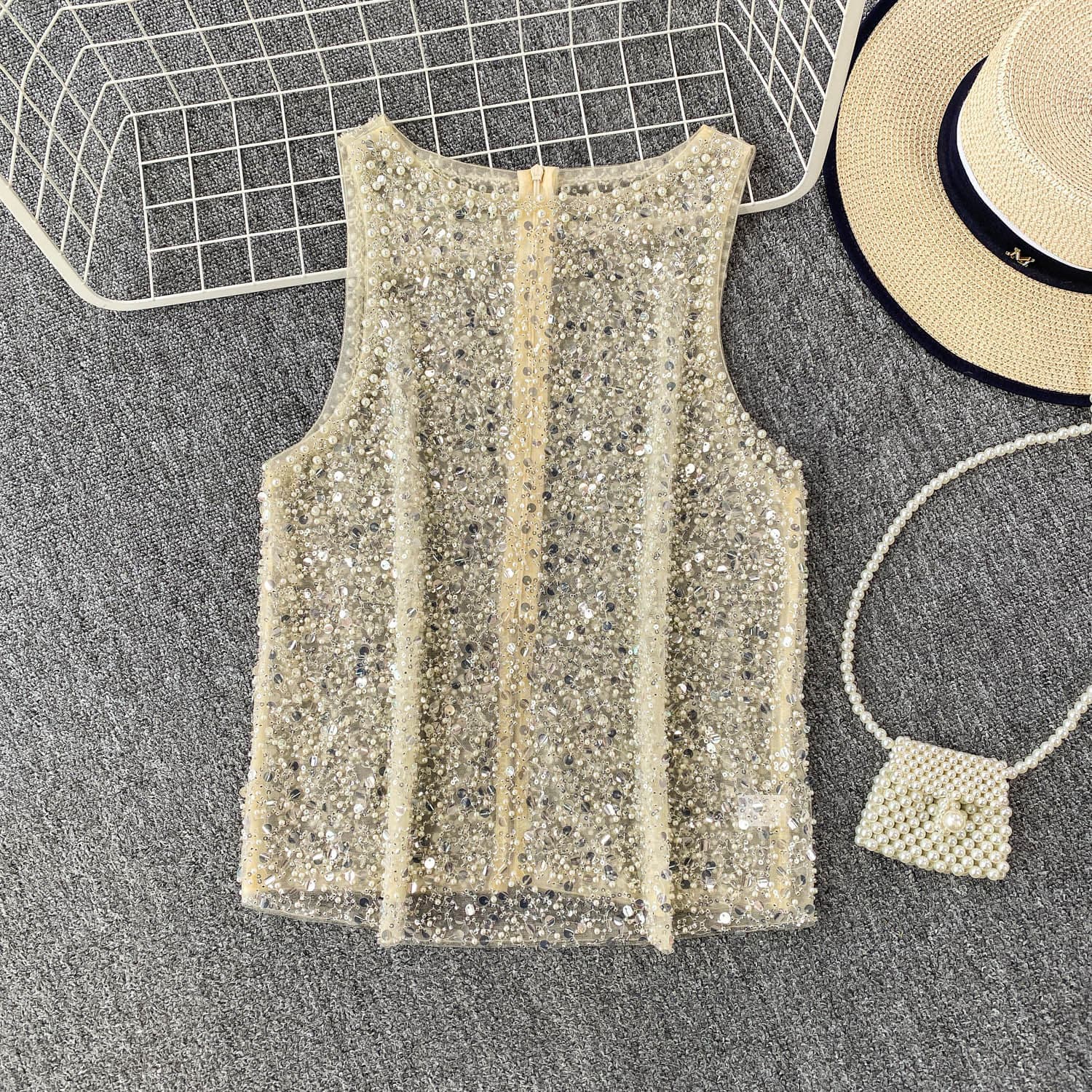 European-American Trendy High-Quality Luxury Heavy Embellished Sequin Tank Top for Women, Design Sleeveless Slim Sheer Top