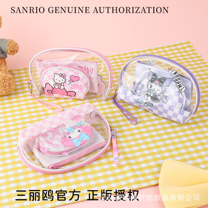 Sanrio Officially Authorized Cute Girly Waterproof PVC Multi-Purpose Three-Piece Storage Toiletry and Makeup Bag Set