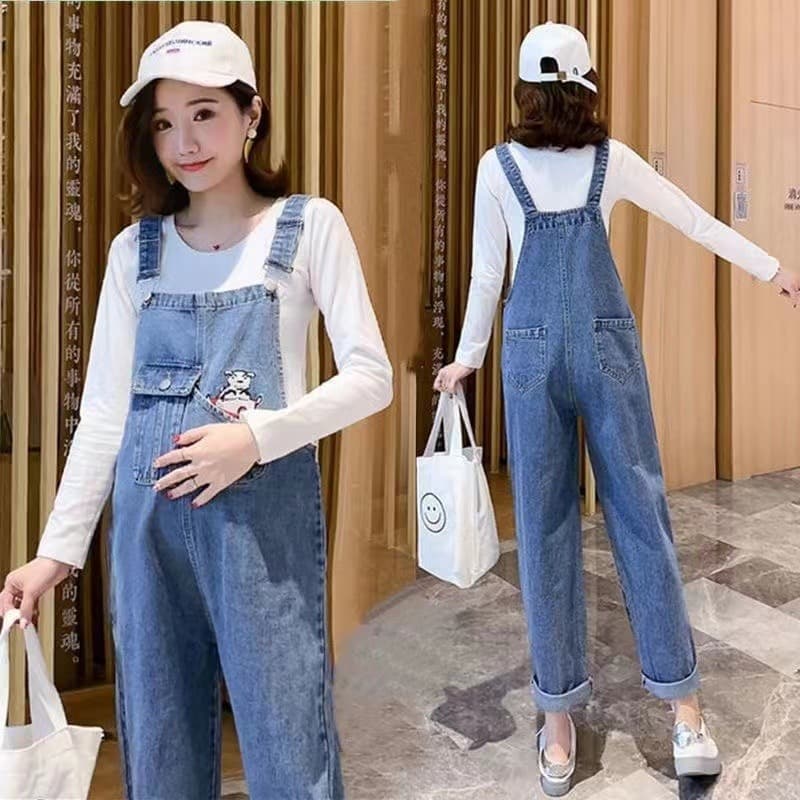 Maternity Overall Set Spring Autumn Fashion Casual Loose Jeans Petite Overalls Two-Piece Women's Outfit