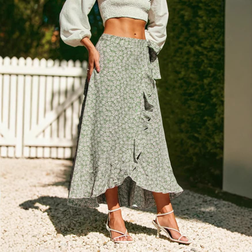 Amazon cross-border foreign trade European and American fashion women's skirt floral ruffled popular elegant A-line skirt high waist