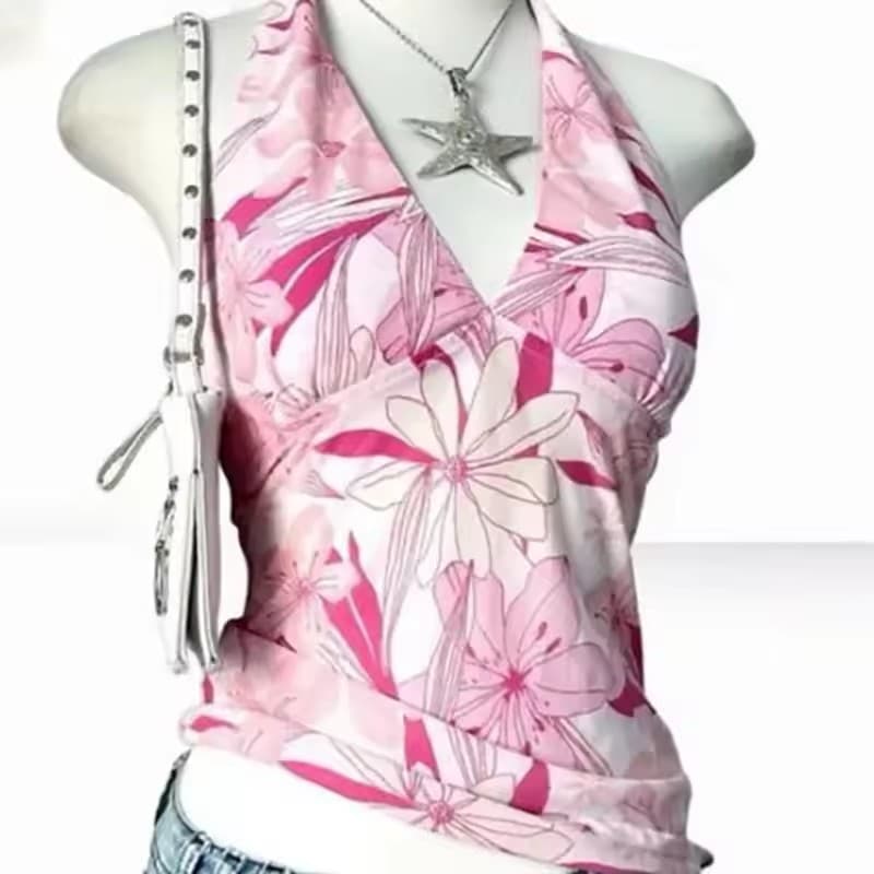 Summer New European and American Women's Deep V Floral Slim Fit Elegant Pink Backless Sleeveless Sexy Camisole Top Wholesale