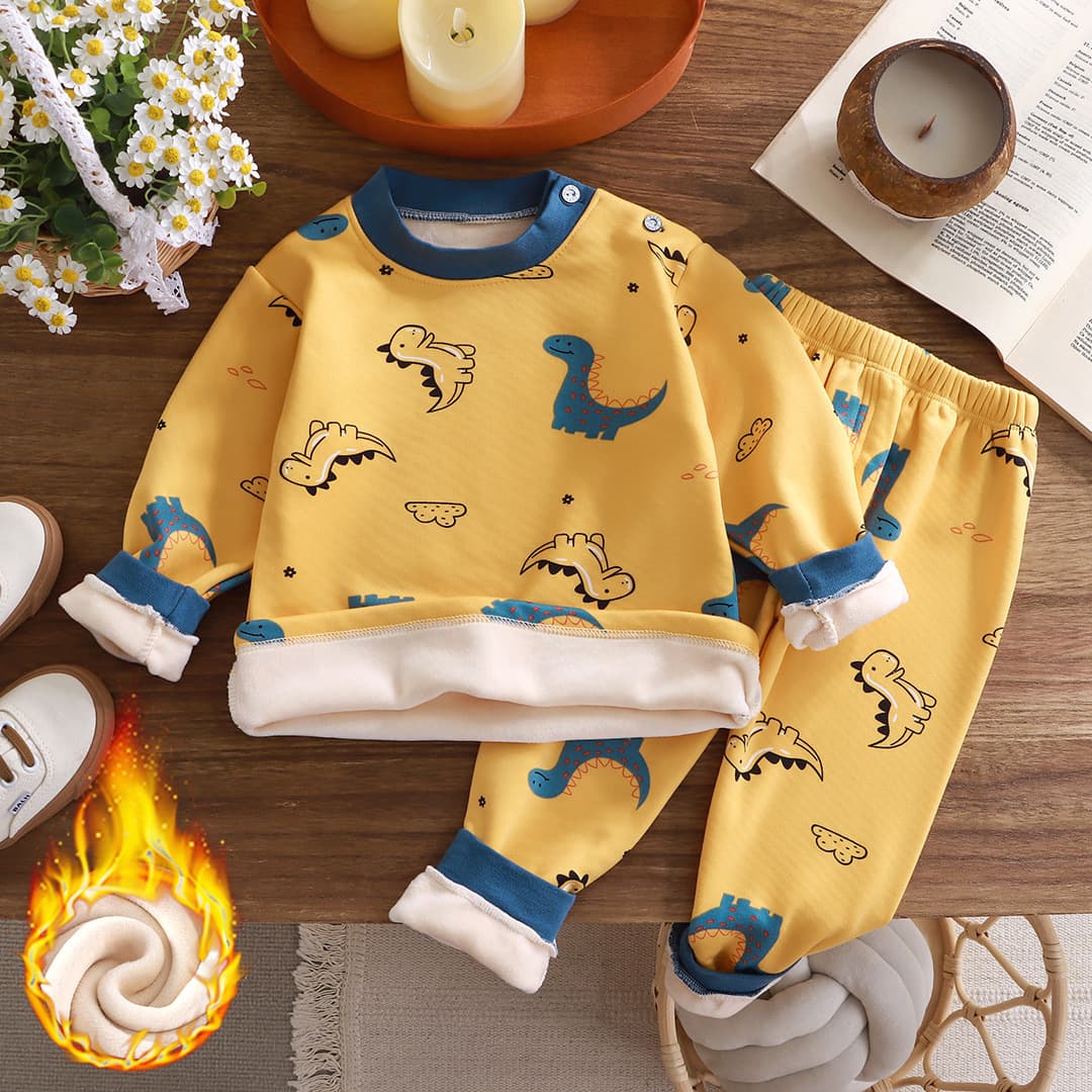 Kids Thermal Underwear Set Fleece-Lined Thick Boys Girls Autumn Baby Warm Clothing Winter Dinosaur