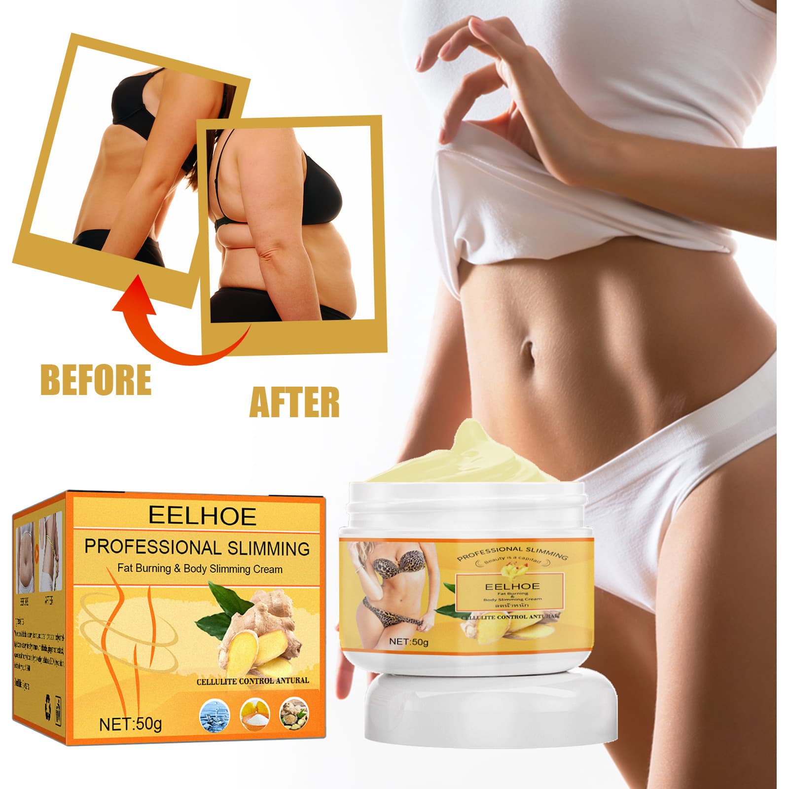 EELHOE Ginger Massage Cream - Full Body Slimming, Firming, and Heating Fitness Cream for Abs