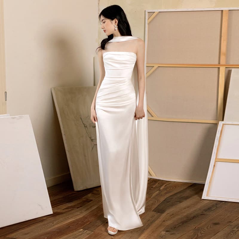 2026 French light wedding dress bride white simple slim dress adult ceremony banquet satin dressing gown dress for women