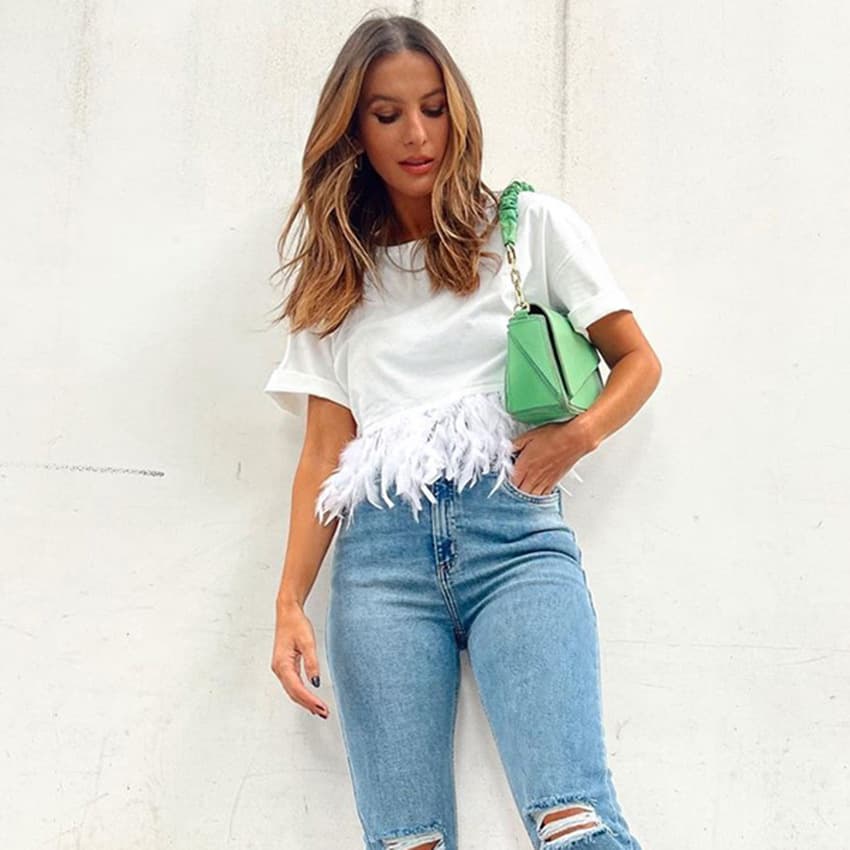 2022 Summer Europe and America Solid Color Feather Slim Fit Short Sleeve T-Shirt Cotton Ostrich Feather Top Women Europe and America Style Women's Clothing