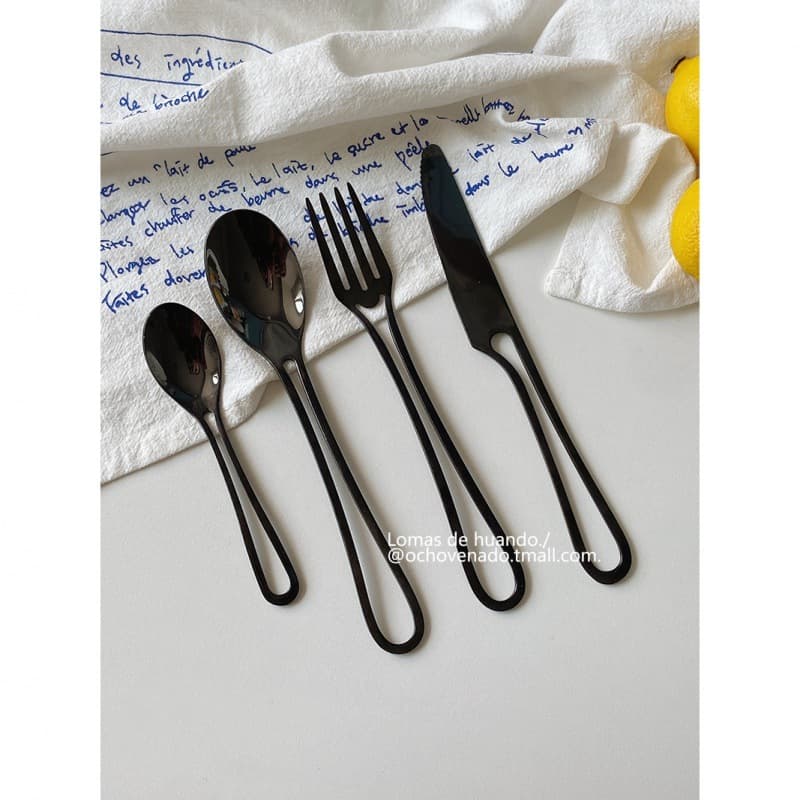 Ins Style Stainless Steel Knife, Fork, and Spoon, Western Dining Cutlery, Metallic Black Personality Rice Spoon, Steak Knife, Fruit Fork Creative