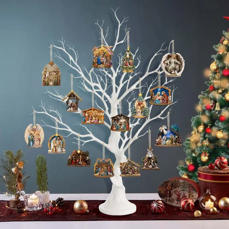 Cross-border 16-piece Christmas scene wooden decorations, ideal gifts for young people’s birthday parties, home decorations