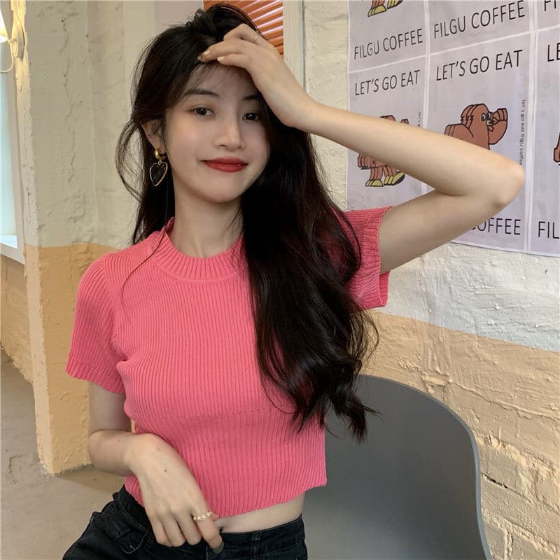 Short Sleeve Fitted T-Shirt for Women Summer 2023 New Crop Top High Waist Slimming Bodycon Ice Silk Knit Top