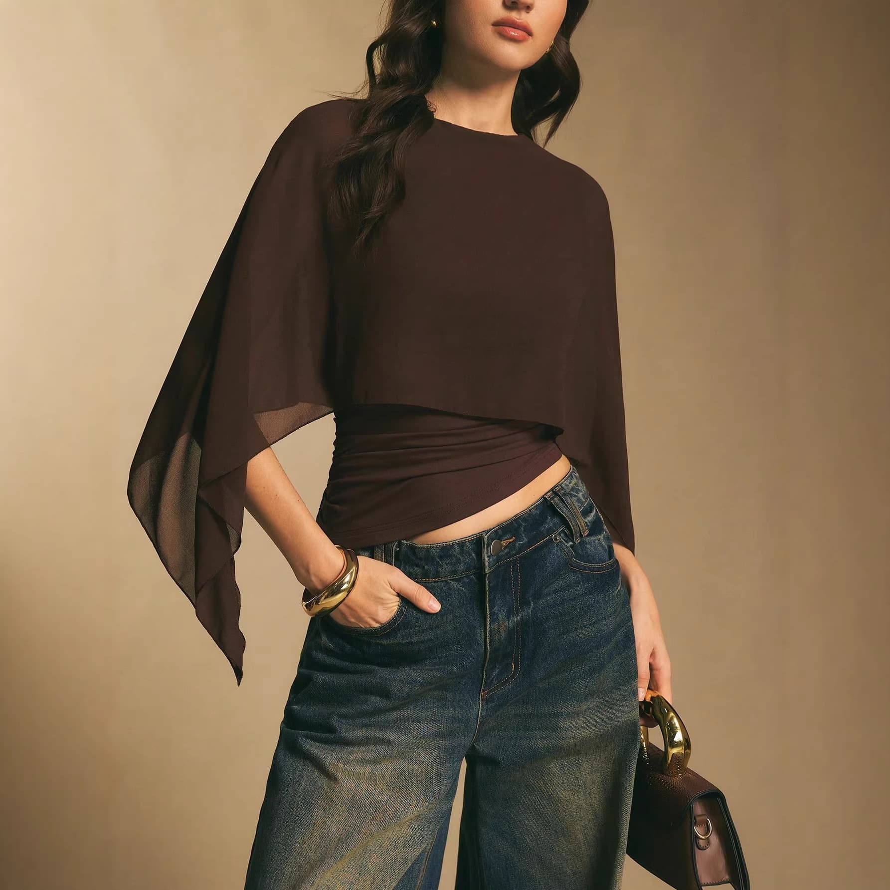 2026 summer cross-border new women's cape sleeve T-shirt round neck loose chiffon blouse elegant irregular top for women