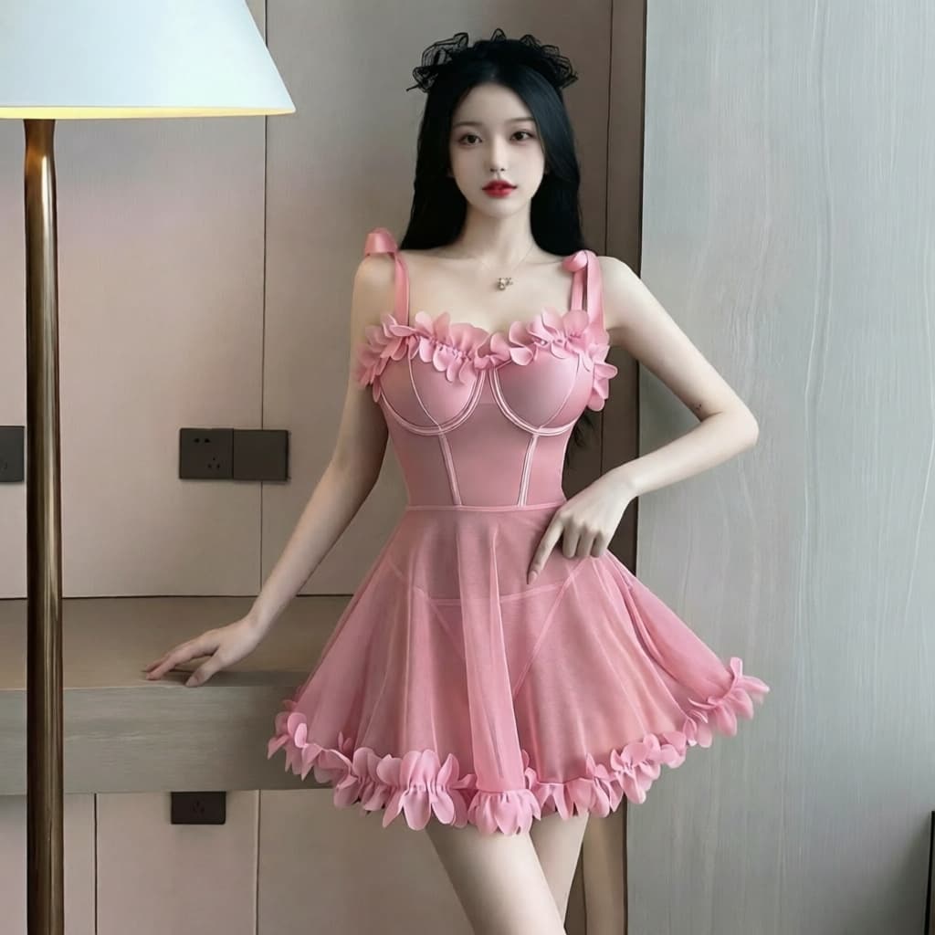 Yimenglan Lingerie Thin Mesh Lace Flirtatious Sexy Lingerie Women's Spaghetti Strap Thin Nightgown