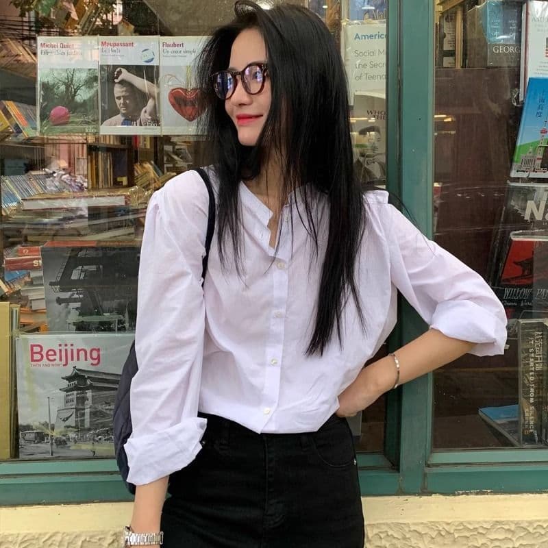 VD Korean Style Stand Collar White Shirt Women's Long Sleeve 2025 Autumn Collection, Retro Design, Niche Style, INS Style
