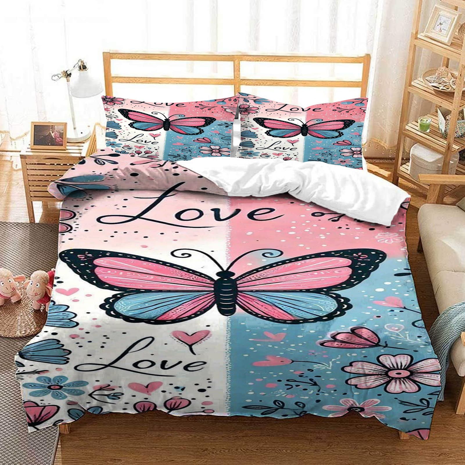 3D Digital Printed Butterfly Cartoon Bedding Set - Blue and Pink, 3-Piece Duvet Cover Set