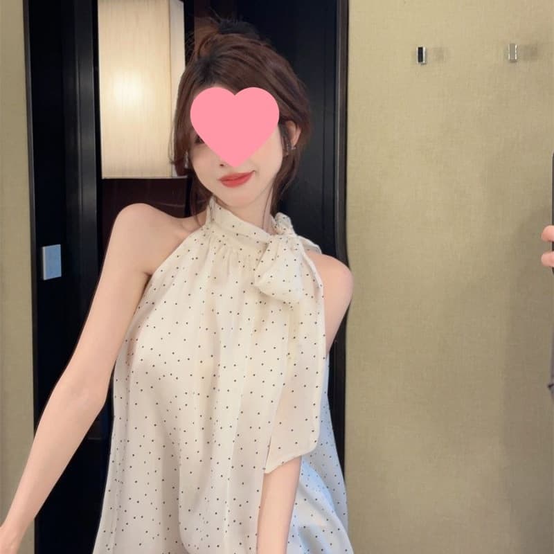 Bow Tie Halter Chiffon Top for Women Summer New Loose Sleeveless Off-Shoulder Polka Dot Trendy Blouse