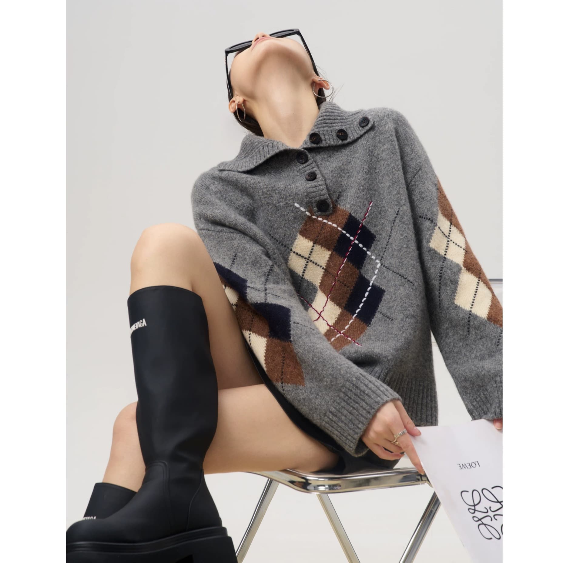 Lily / Preppy Contrast Diamond Pattern Gray Collar Knit Sweater for Women, Versatile for Outerwear or Layering, Autumn-Winter Design