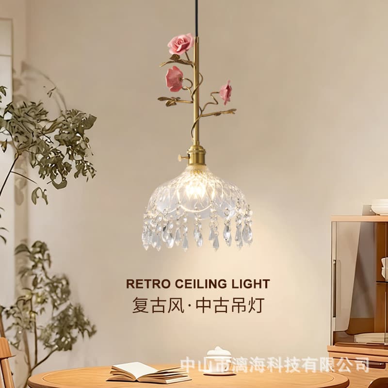 French Vintage Restaurant Lamp Retro Countryside Bedroom Bedside Bar Pendant Light Rose Flower Chandelier