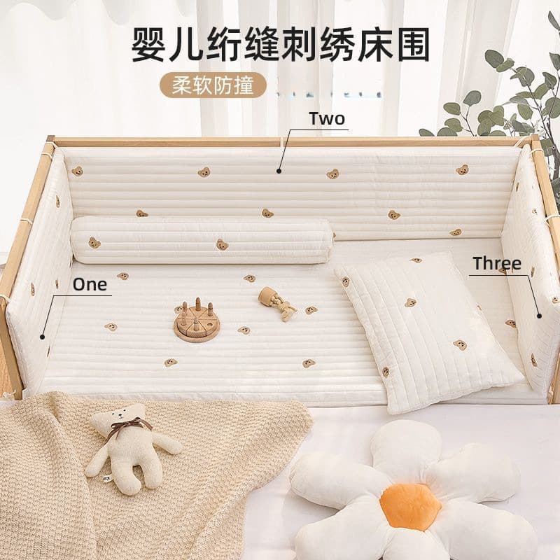 Baby crib bumper with soft padding, anti-collision strips, children's interlocking bed guardrail, fence, edge protector, baby crib three-piece set