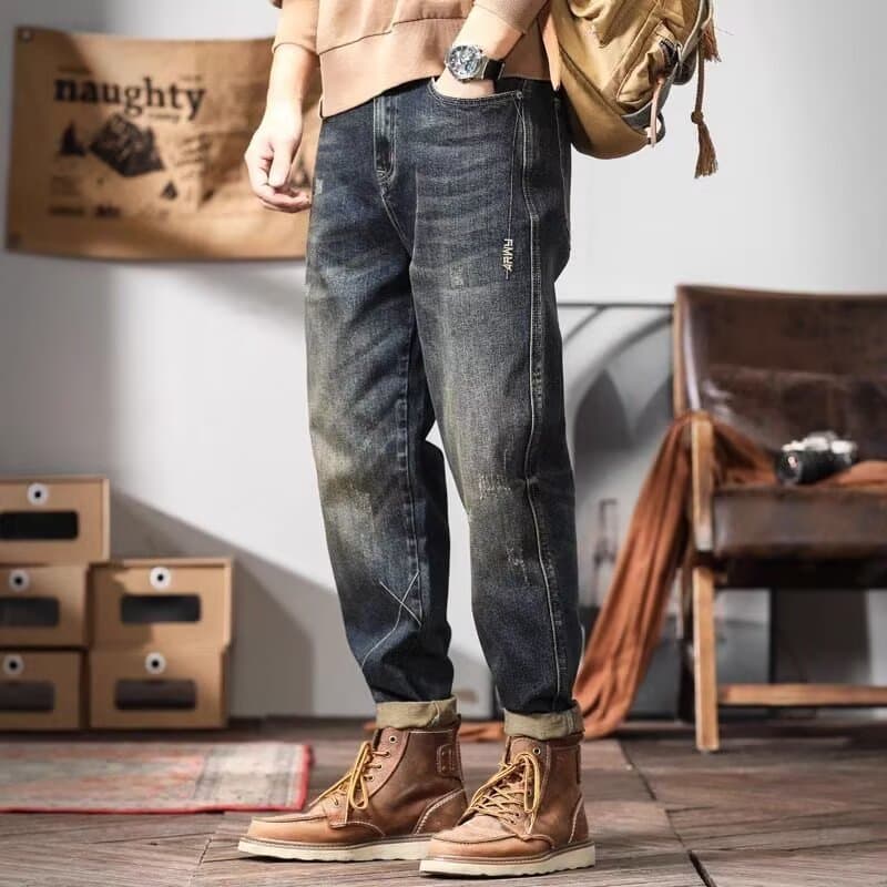 Vintage Washed Jeans for Men, Spring and Summer New Loose Fit, Plus Size Dad Pants, American Style Trendy Brand, Distressed Harem Pants