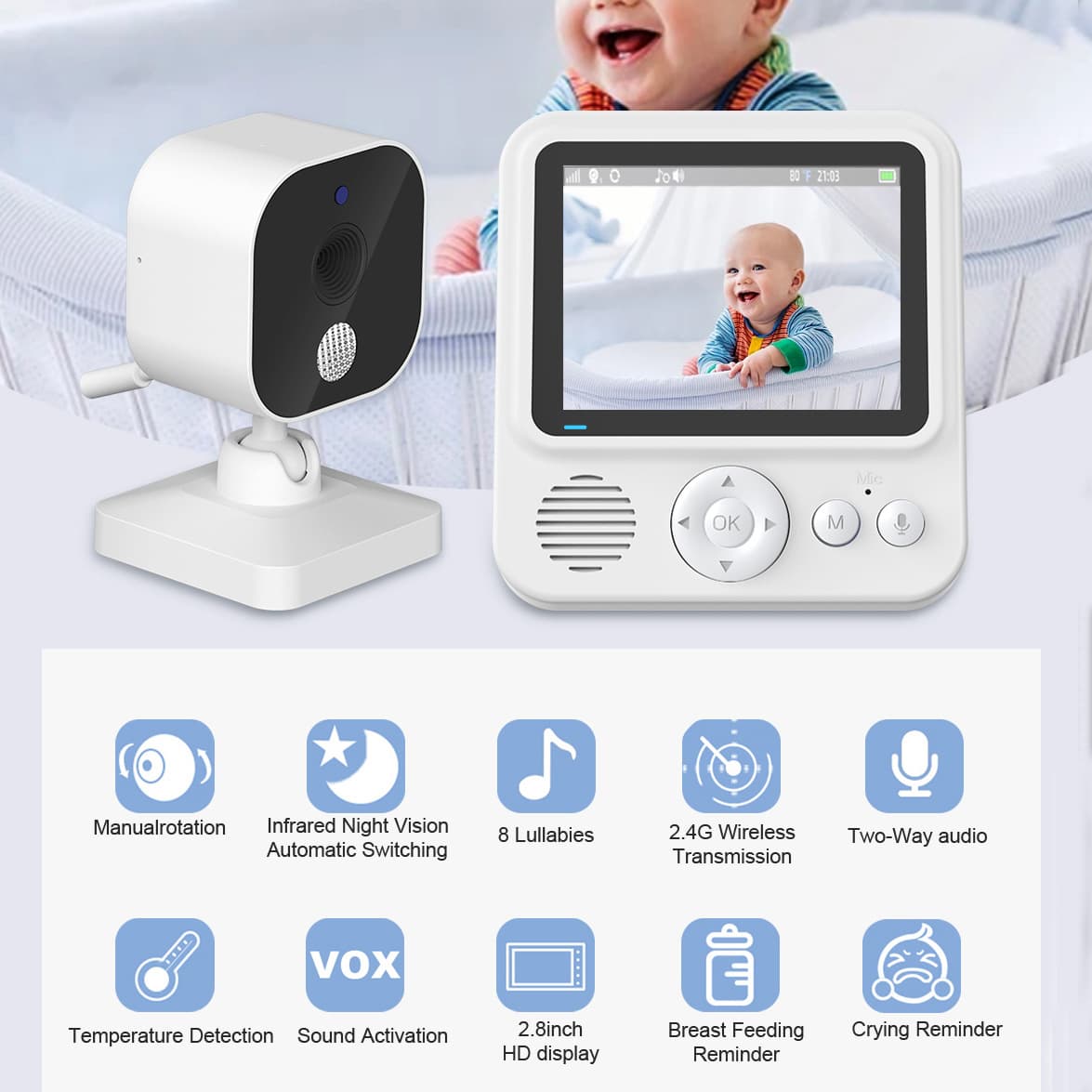 2.8 Inch Baby Monitor 720P Infant Care Monitor Two-Way Audio Intercom ABM900